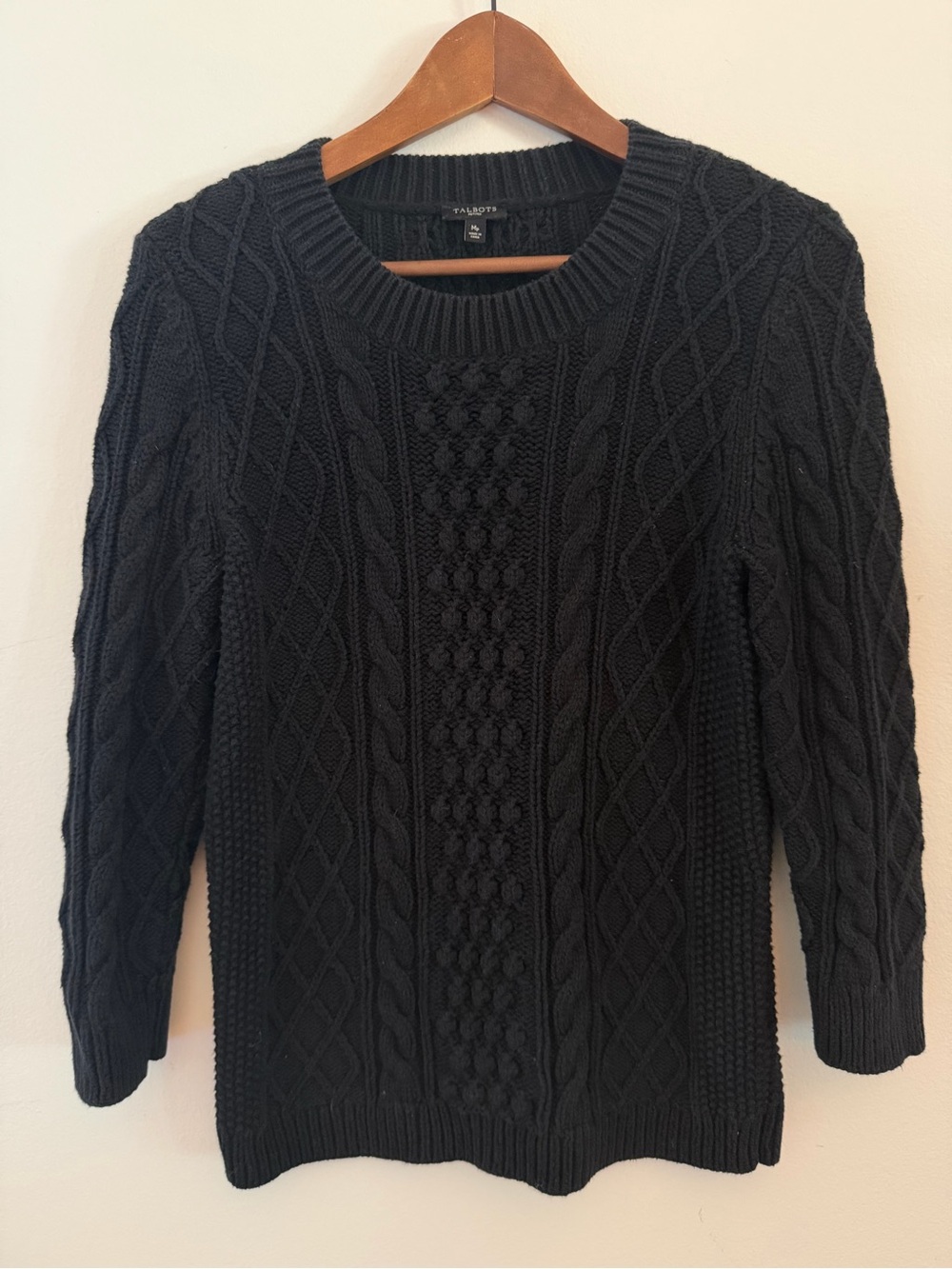 Talbots Sweater Cable Knit Crew Neck Black Women's Size M Petite Cotton Wool